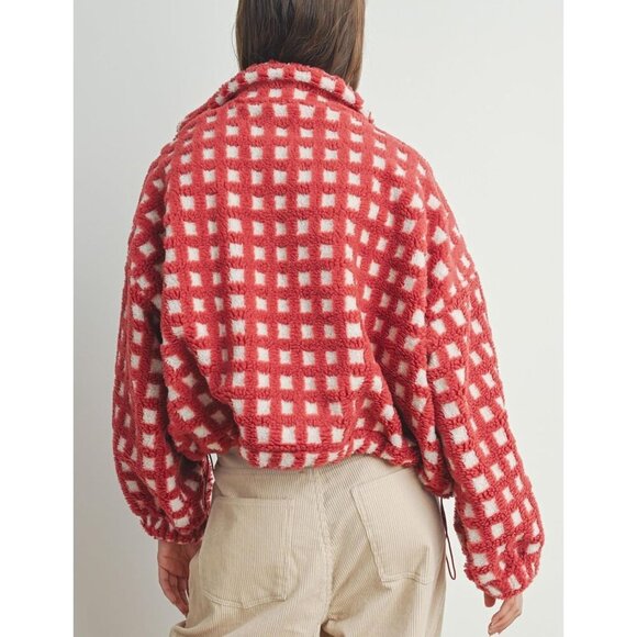 Women Red Cropped Sherpa Fleece Plaid Jacket Chunky Outerwear - Picture 3 of 6